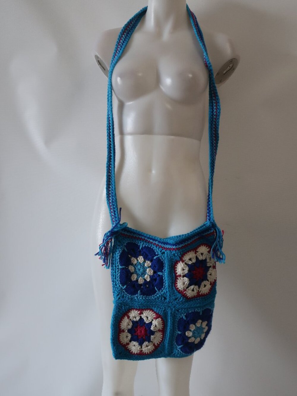 NWT Womens Tina Demel Turq, Blue Crochet Squares Tote Bag